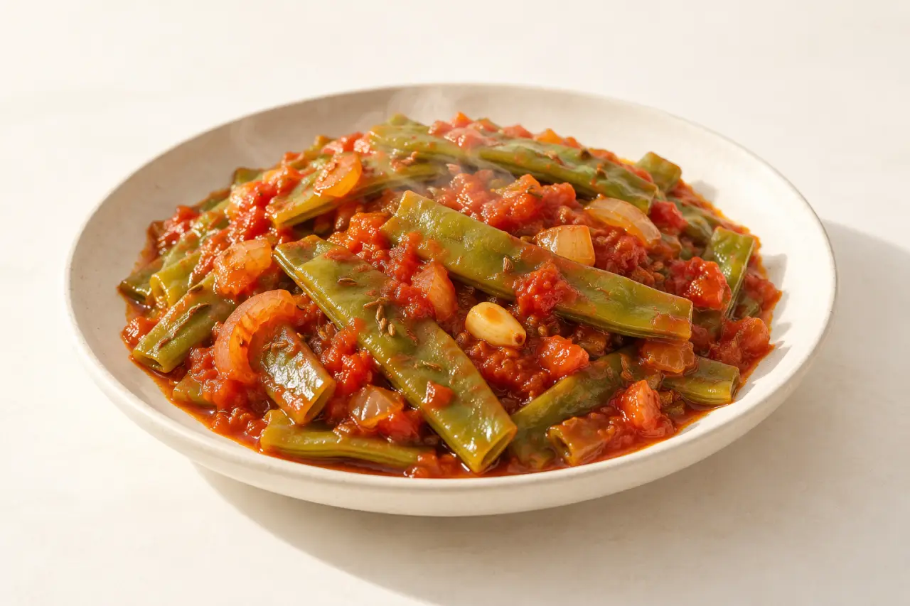 Recettes coco plats : haricots plats à la tomate servis dans une assiette