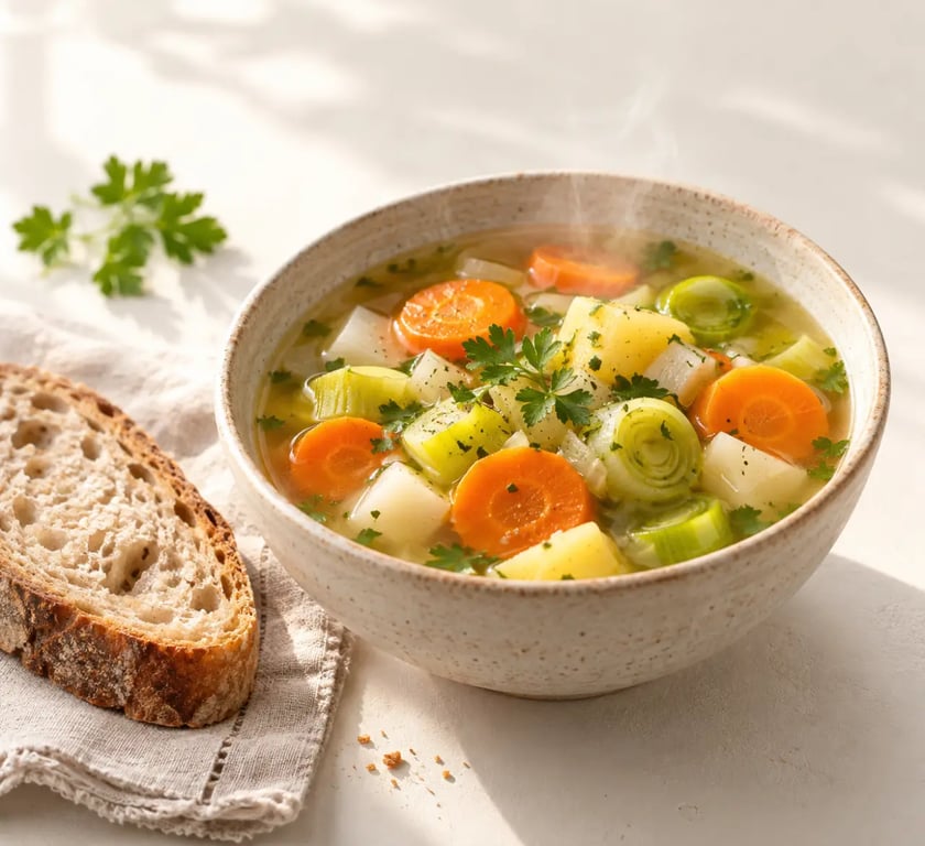 Recette soupe légume grand mère servie dans un bol rustique avec pain de campagne