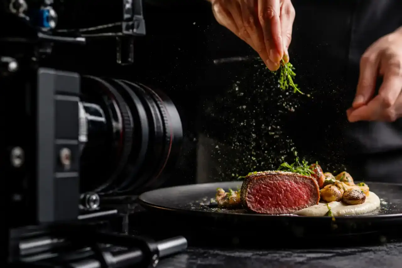 Chef dressant une assiette gastronomique en clair-obscur, en très haute définition