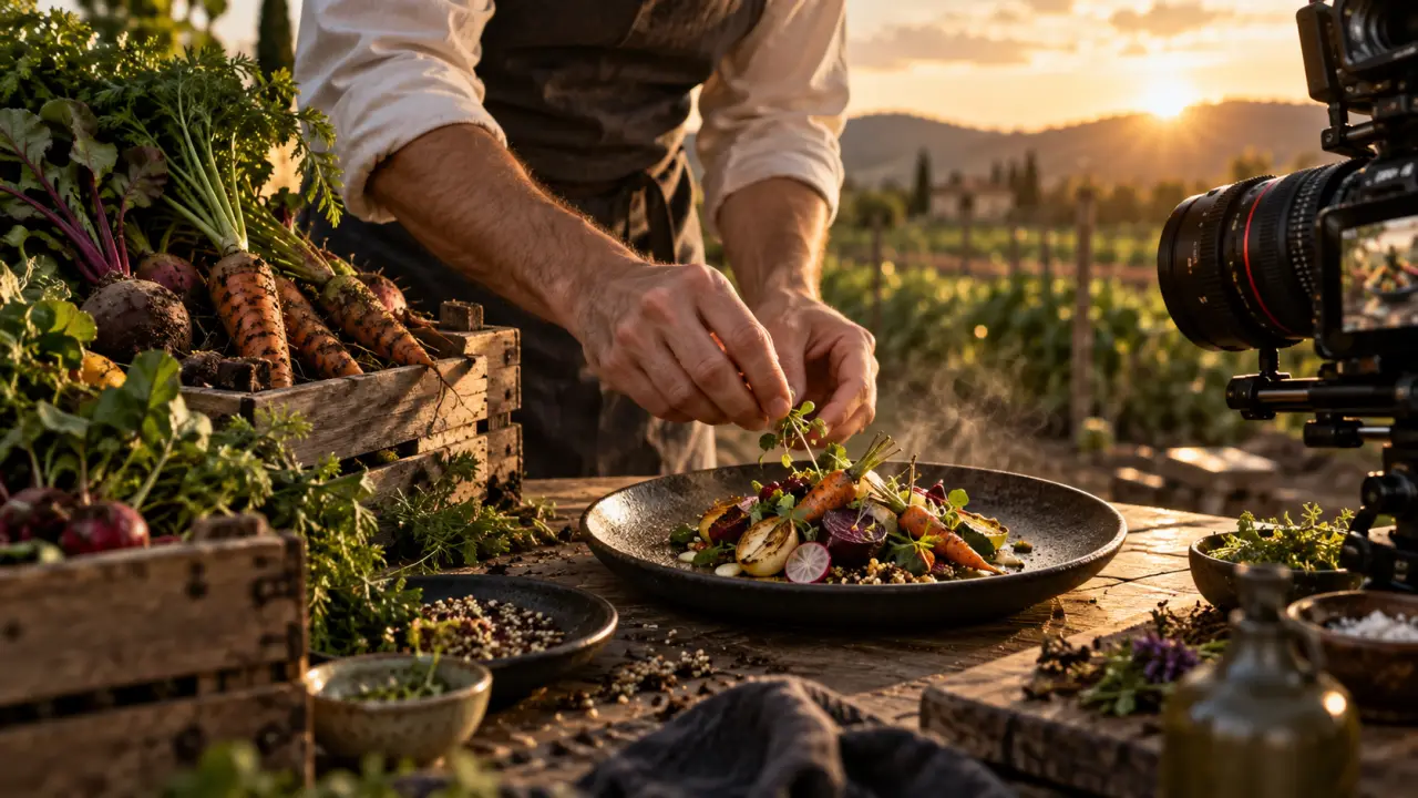 Chef dressant une assiette gastronomique avec des produits de saison
