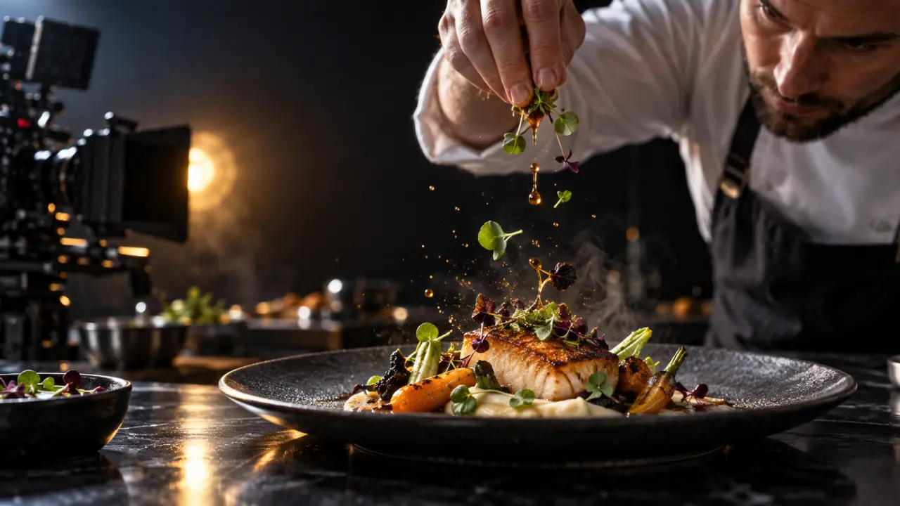 Chef dressant une assiette gastronomique filmée en très haute définition