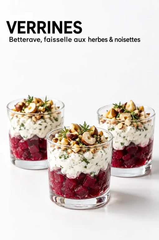Recettes entrées simples et originales : verrines de betterave, faisselle et noisettes
