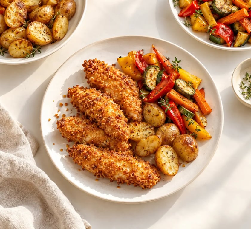 Airfryer recettes : poulet pané, légumes rôtis et pommes de terre dorées