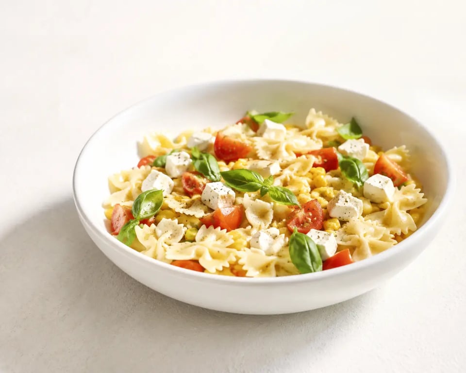 Pate vegetarienne froide en salade avec farfalle, feta, tomates et basilic