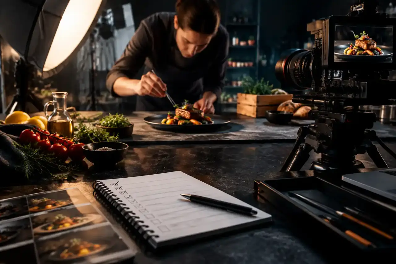 Chef dressant une assiette gastronomique devant une caméra de cinéma