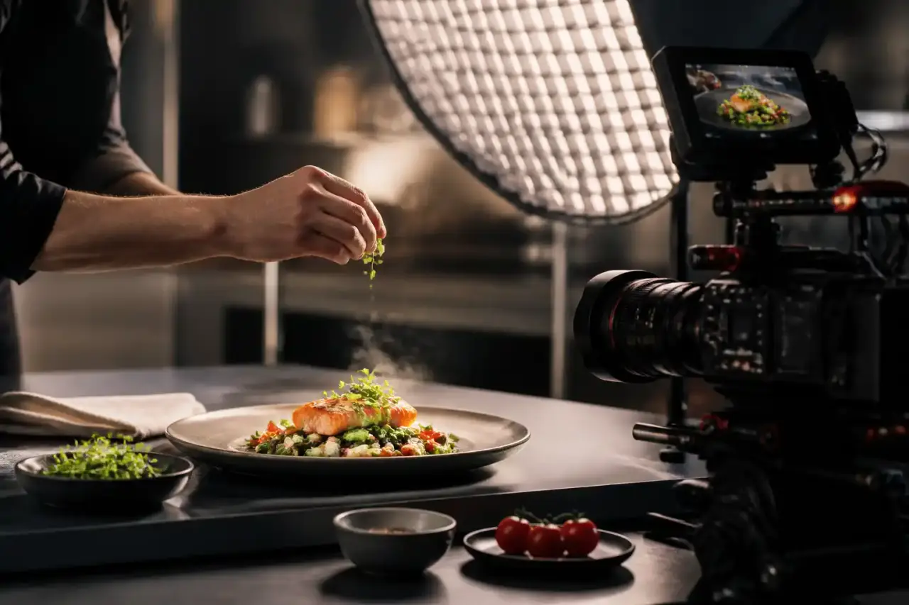 Chef dressant une assiette gastronomique en lumière dramatique