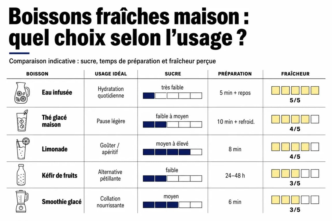 Comparatif de boissons fraiches maison selon l’usage et le niveau de sucre