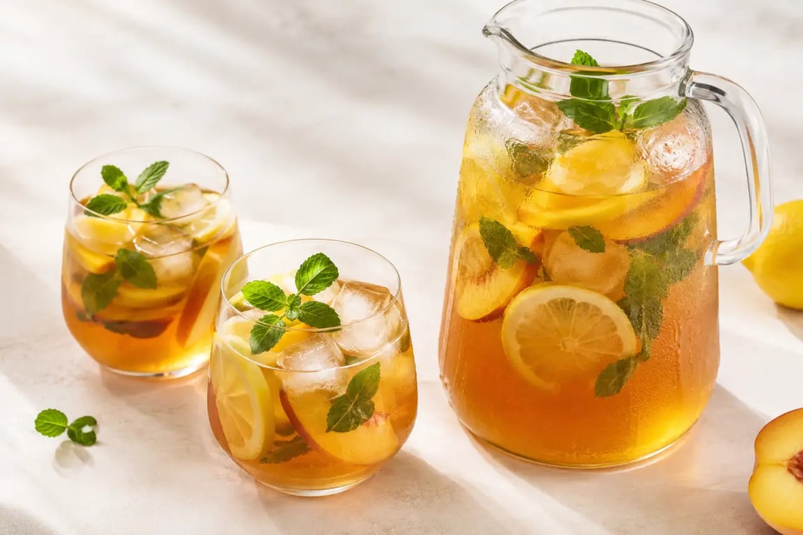 Recette thé glacé maison avec citron, pêche, menthe et glaçons au thé