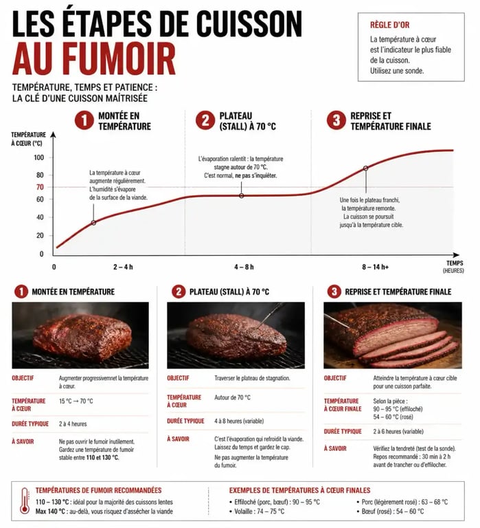 Graphique des étapes de cuisson au barbecue fumoir pour réussir la cuisson des viandes
