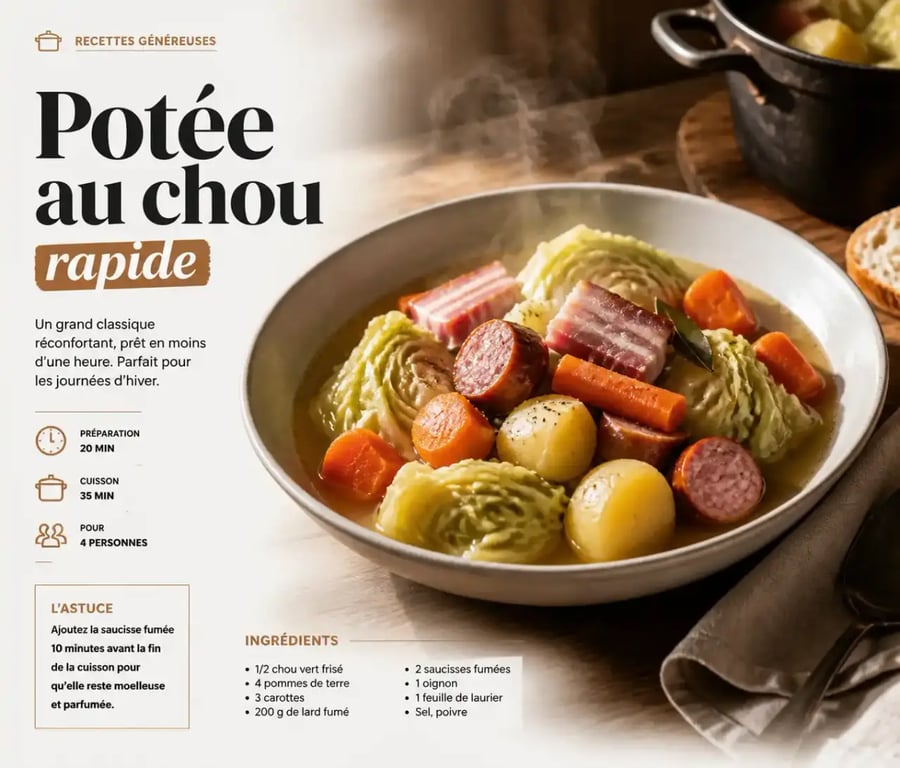 Recette potée rapide au chou, saucisses et pommes de terre servie dans une assiette