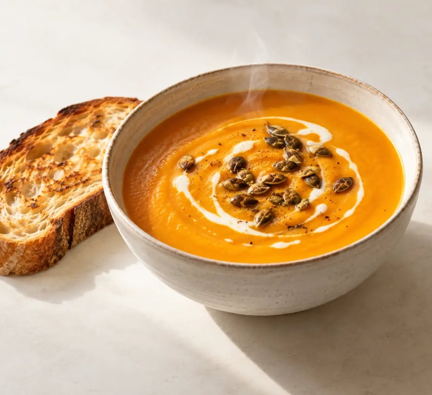 Velouté de potiron onctueux servi avec des graines de courge et du pain grillé