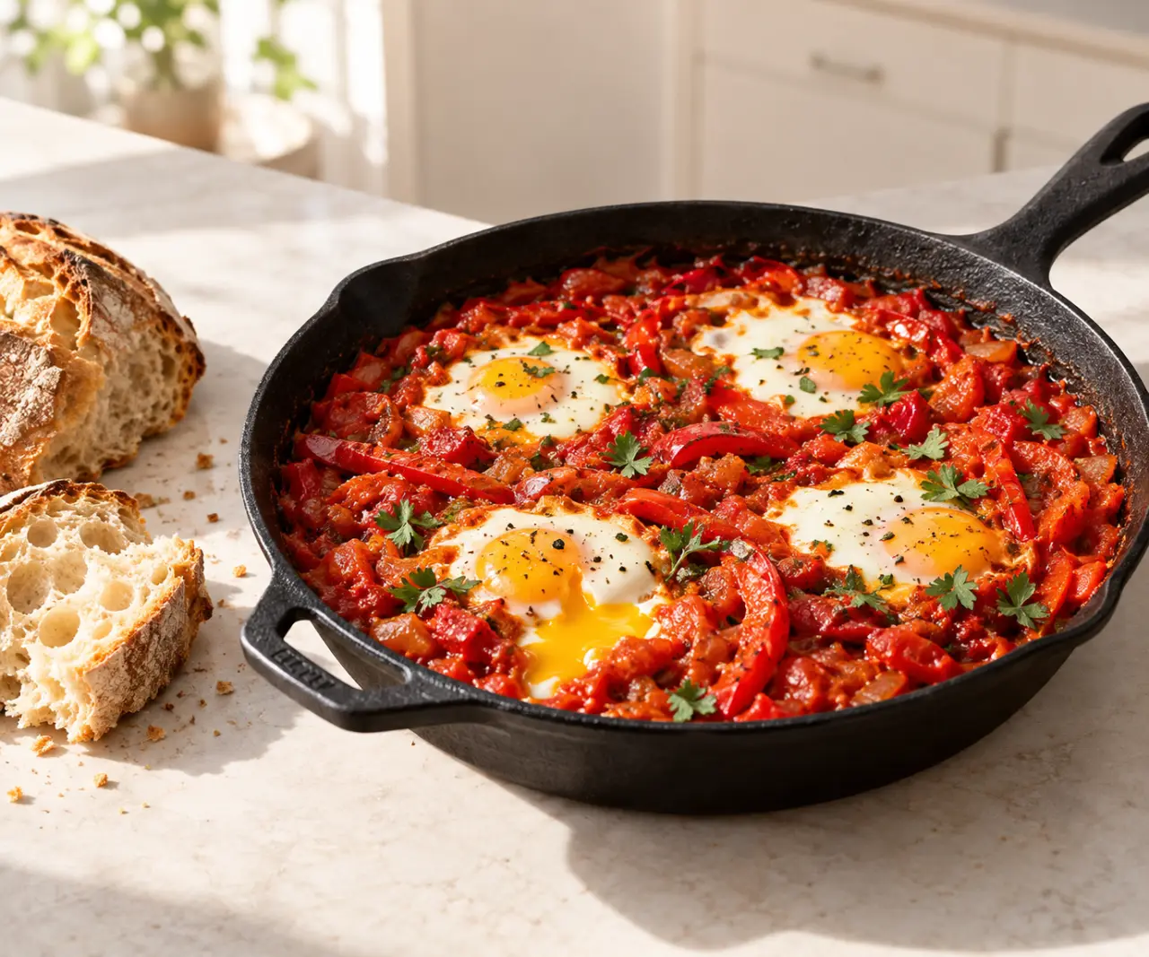 Recette à la poêle : chakchouka aux œufs, tomates et poivron