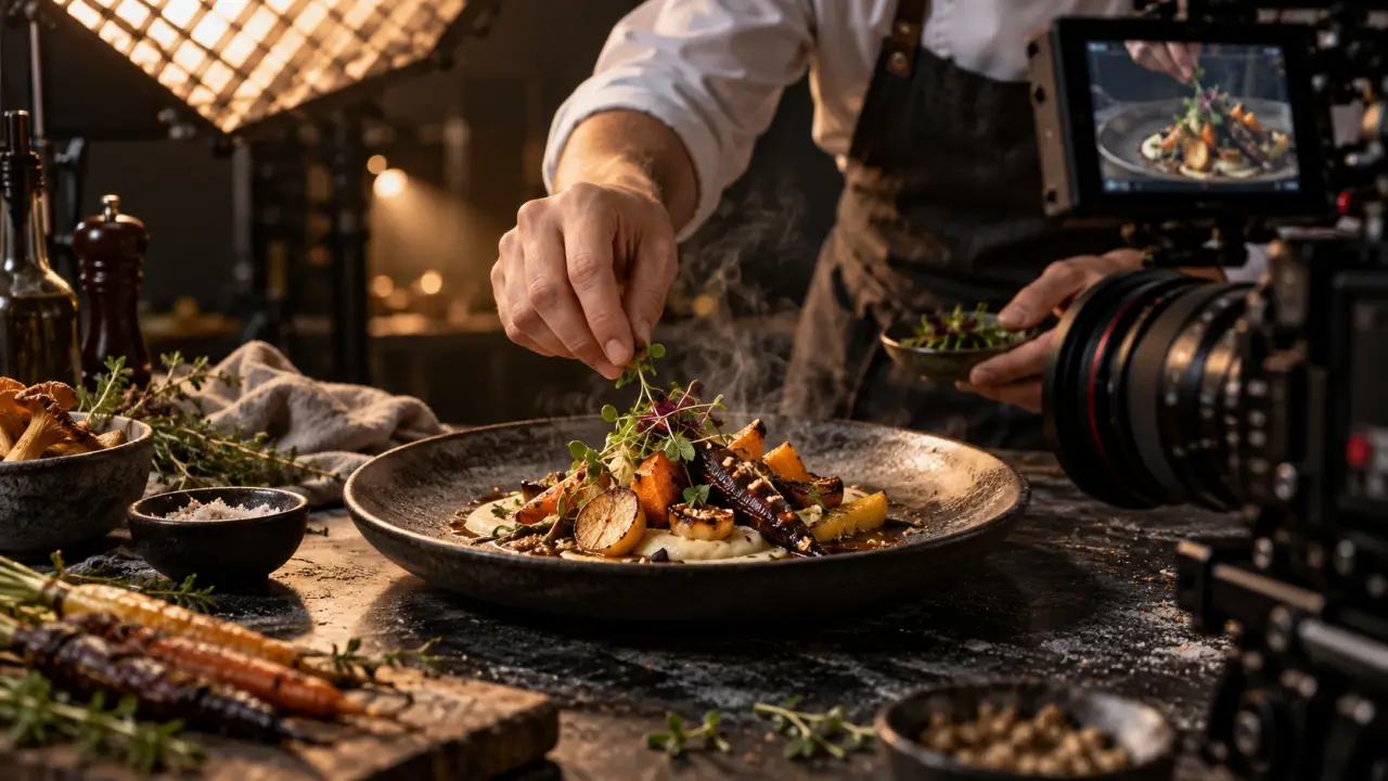 Chef dressant une assiette gastronomique sous une lumière cinématographique