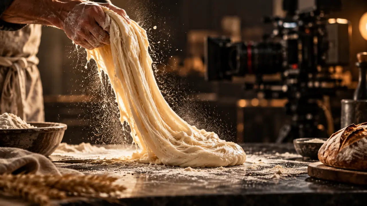 Pâte souple tombant au ralenti dans une scène culinaire éclairée comme au cinéma