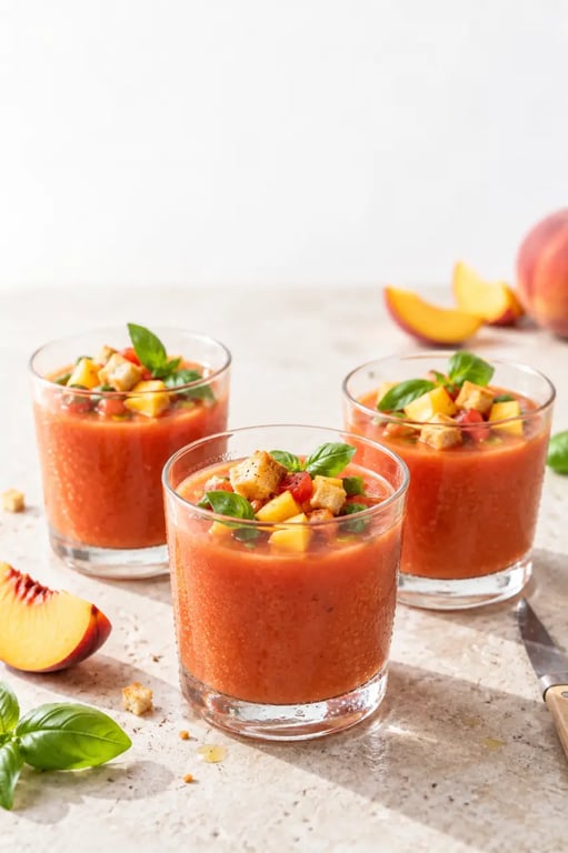 Recettes entrées simples et originales : gaspacho de tomate, pêche et basilic