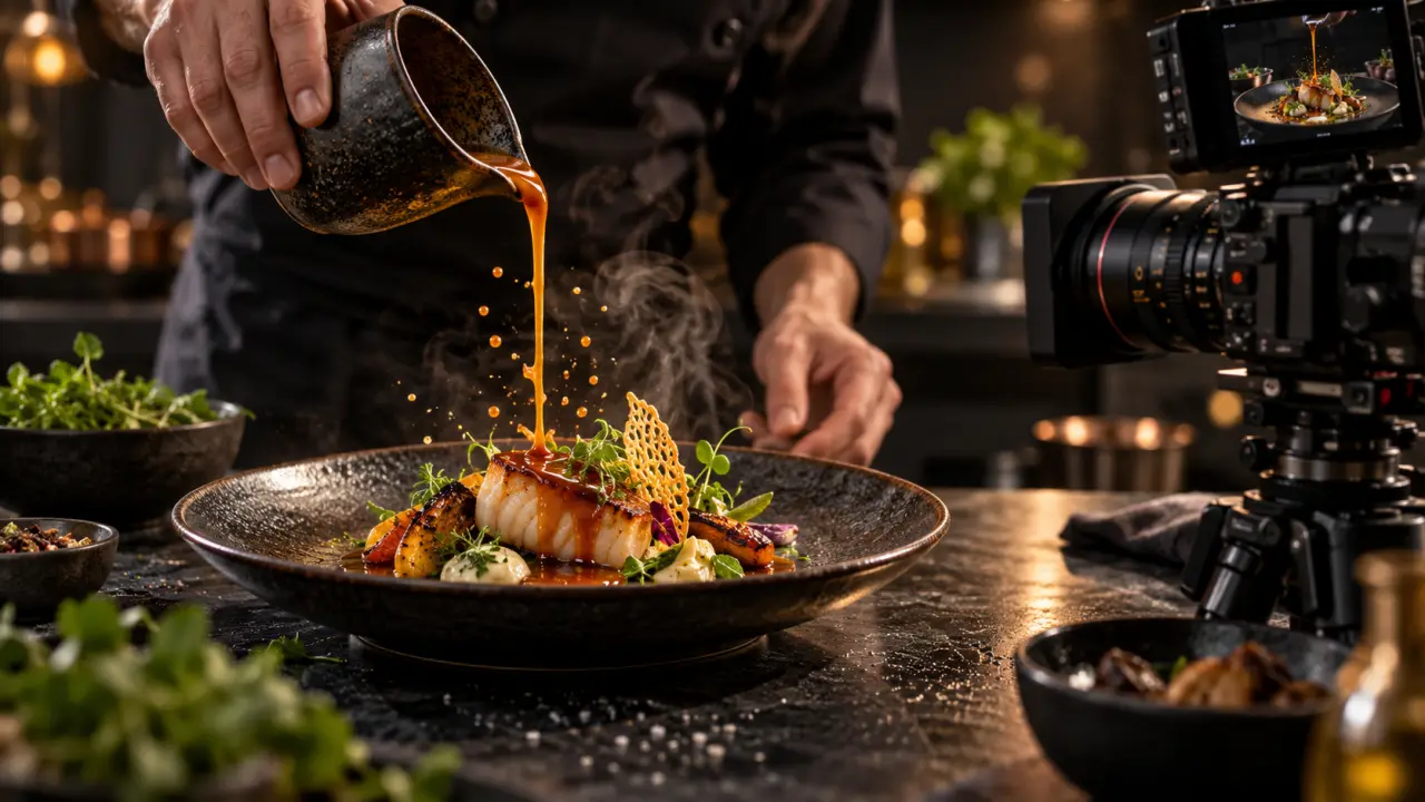 Chef dressant une assiette gastronomique filmée en très haute définition
