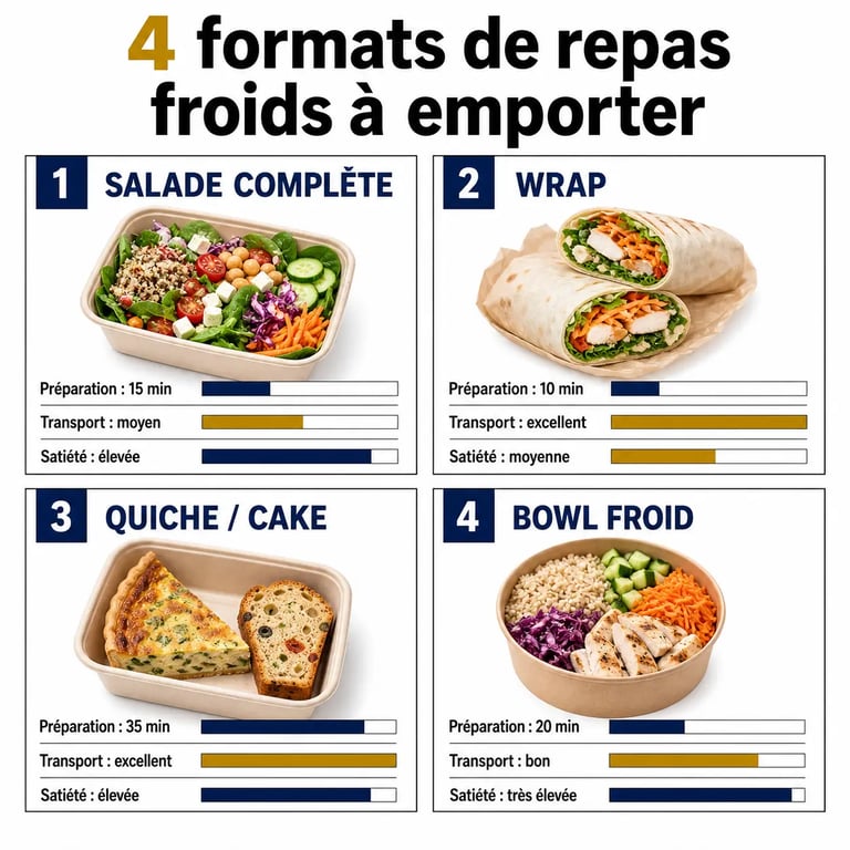 Idées repas froids à emporter : comparaison des formats salade, wrap, quiche et bowl pour bureau, chantier et pique-nique
