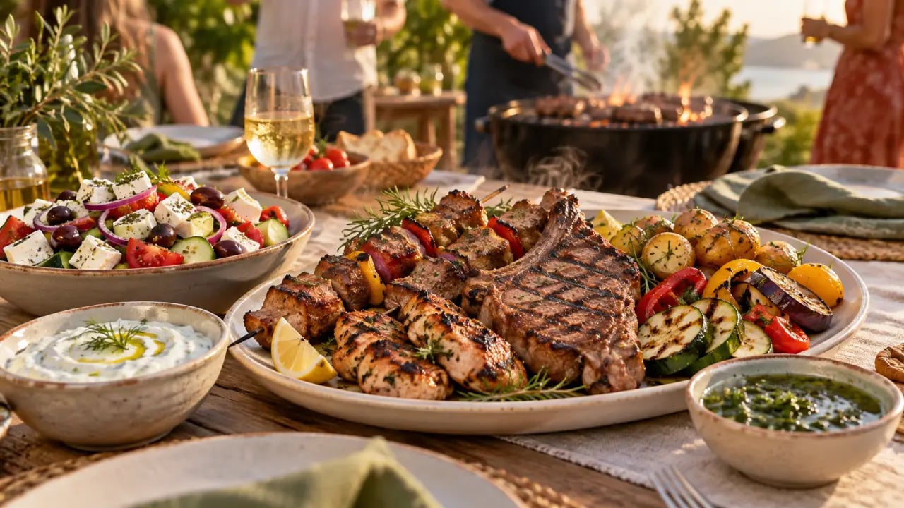 Idée accompagnement barbecue avec salade, légumes grillés, pommes de terre et sauces