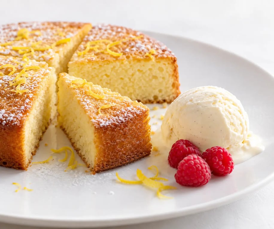 Gâteau léger pour accompagner glace, au citron, servi avec une boule de glace à la vanille