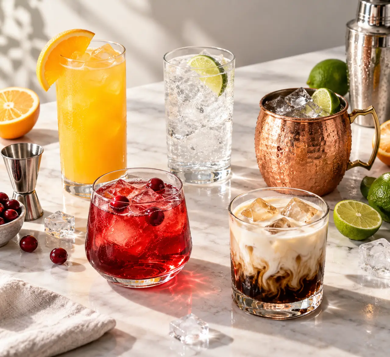 Simple cocktail drinks with vodka : sélection de cocktails simples à la vodka avec orange, tonic, cranberry et citron vert