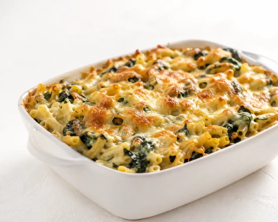 Pate vegetarienne gratinée en plat familial, macaronis aux épinards et fromage