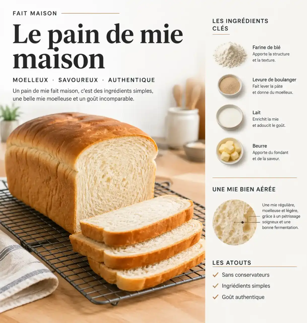 Recettes de pain de mie maison : pain doré tranché montrant une mie moelleuse et régulière