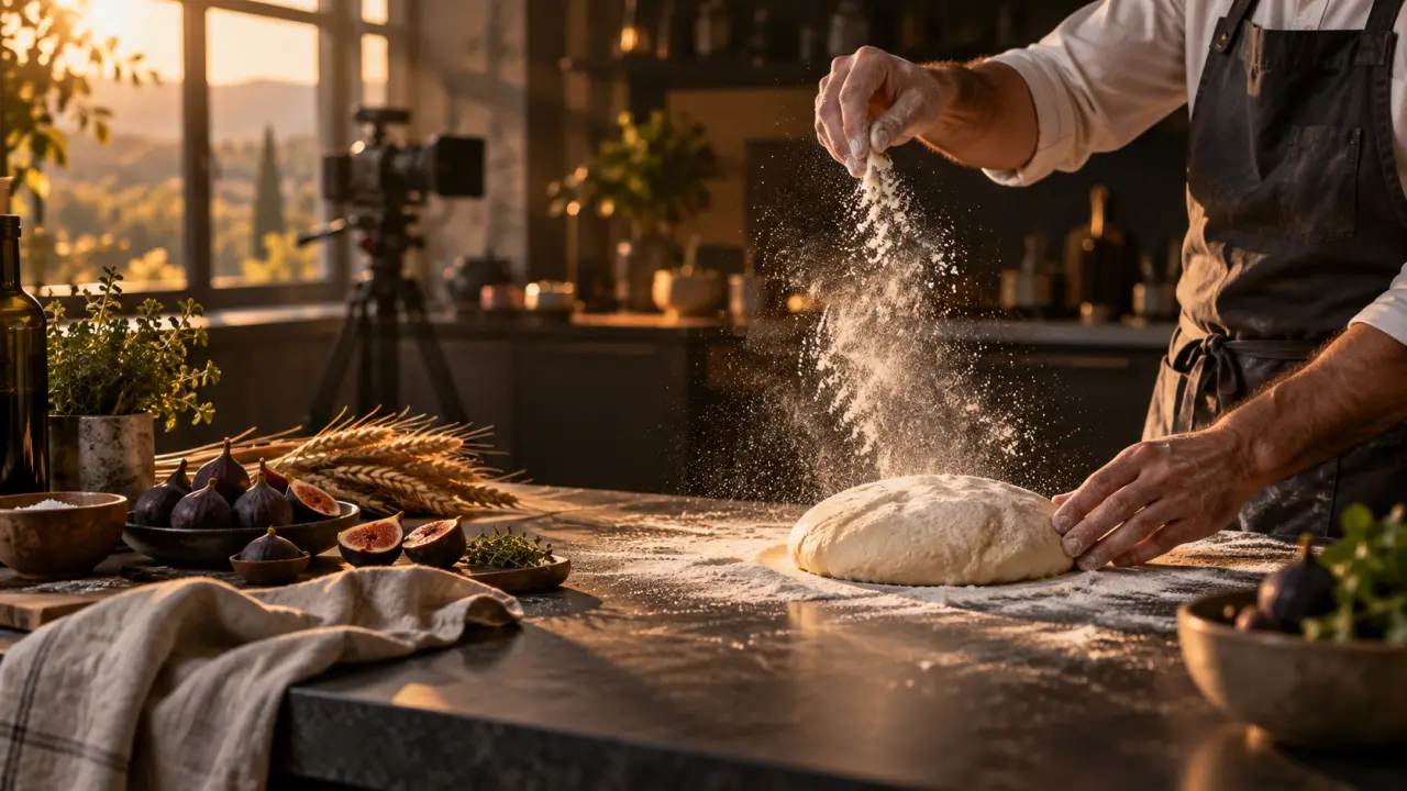 Chef dressant une assiette gastronomique dans une lumière cinématographique