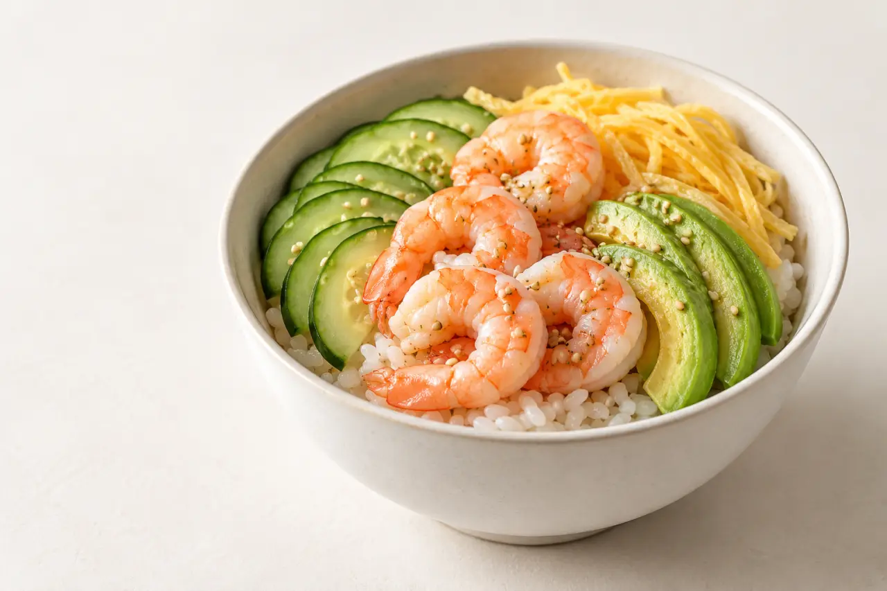 Idées recettes asiatiques avec un bol japonais de riz vinaigré, avocat et crevettes