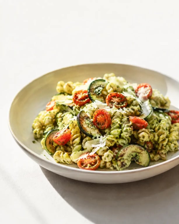 Pate vegetarienne au pesto, tomates cerises et courgettes poêlées, dressée en assiette claire