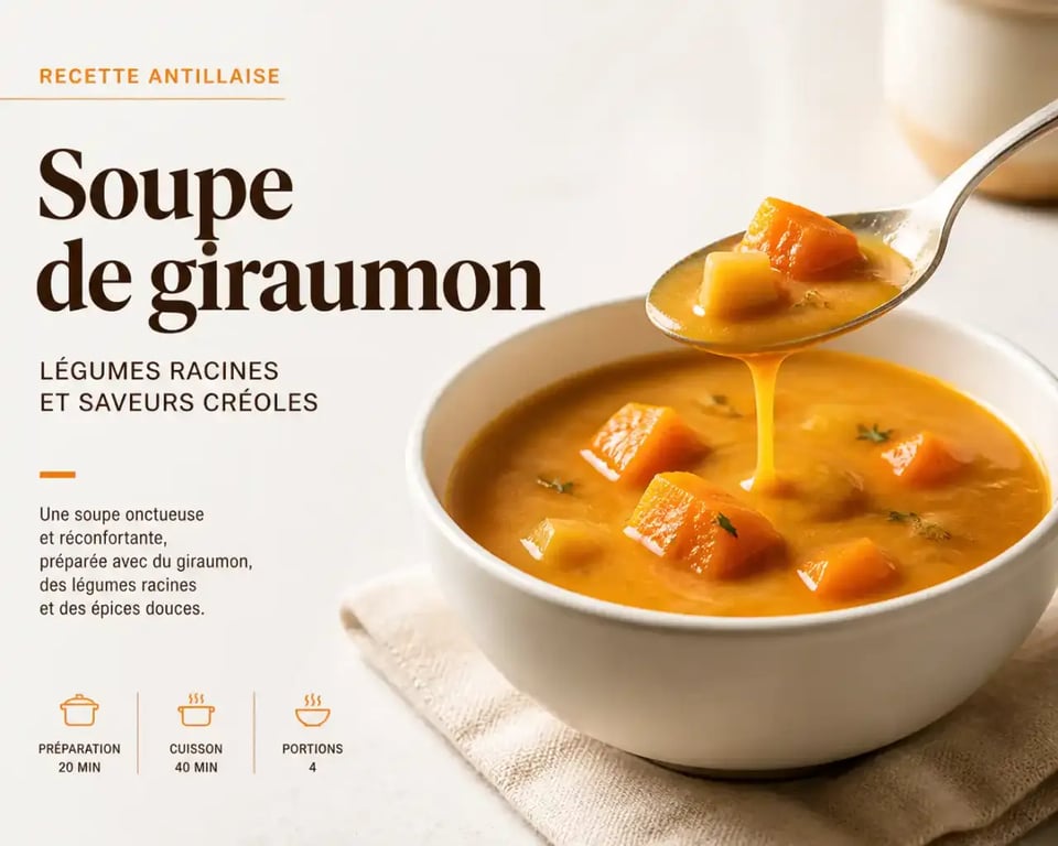 Soupe antillaise orangée servie dans un bol avec légumes racines