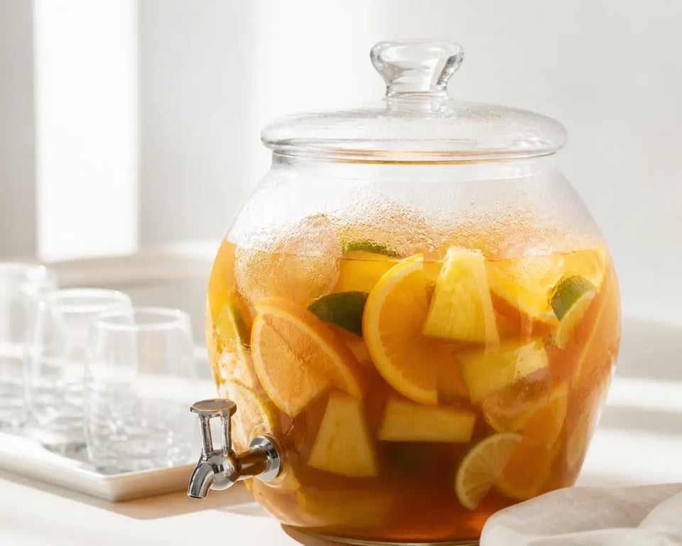 Recette punch 10 personnes servi dans un grand saladier transparent avec fruits frais et glaçons