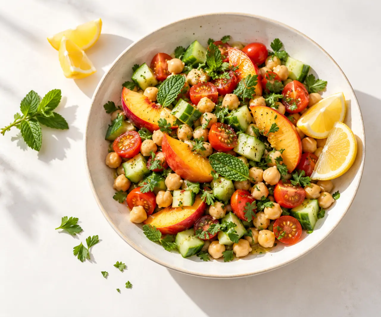 Recettes végétariennes été : salade de pois chiches, concombre, tomates et nectarine