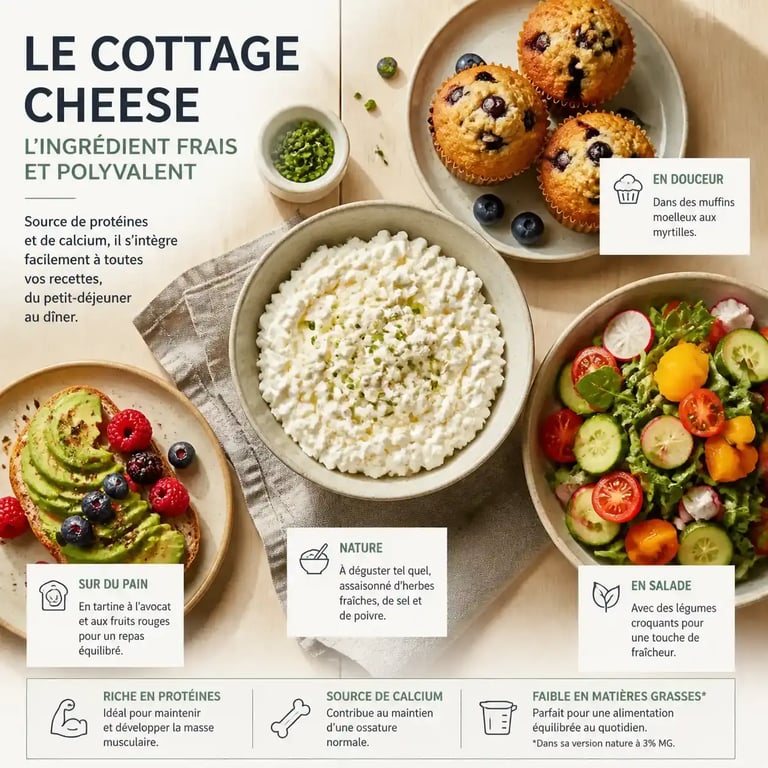 Recettes cottage cheese salées et sucrées présentées sur une table