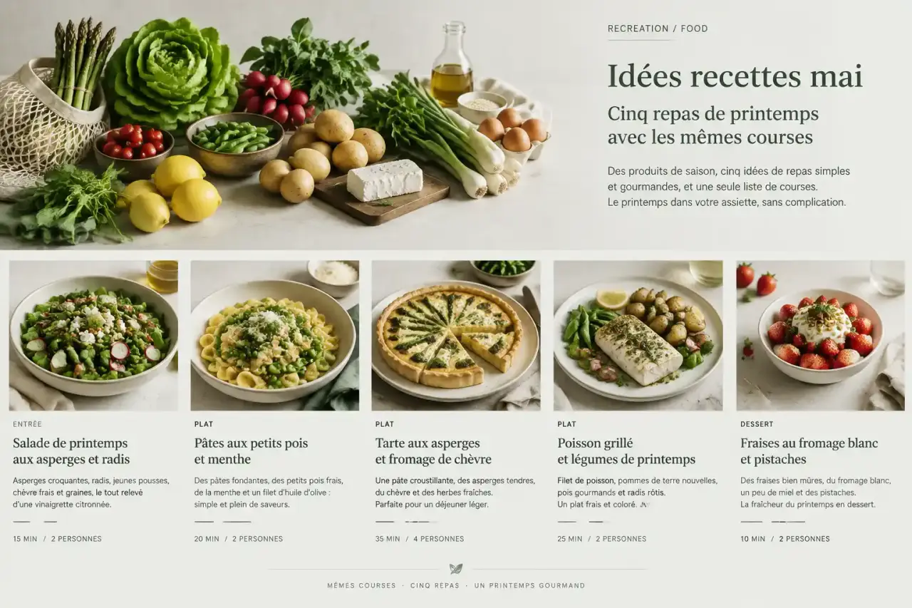 Idées recettes mai : cinq repas de printemps avec les mêmes courses