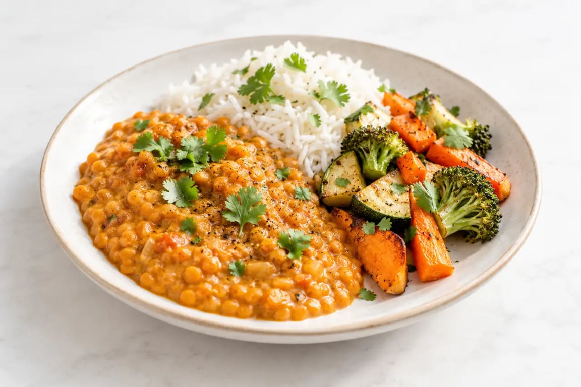 Recettes pas chères et faciles : dahl de lentilles avec riz et légumes