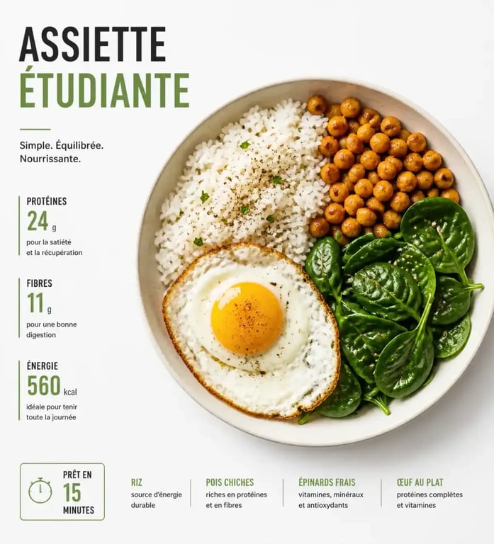 Recette étudiante facile : assiette équilibrée avec riz, pois chiches et œuf au plat