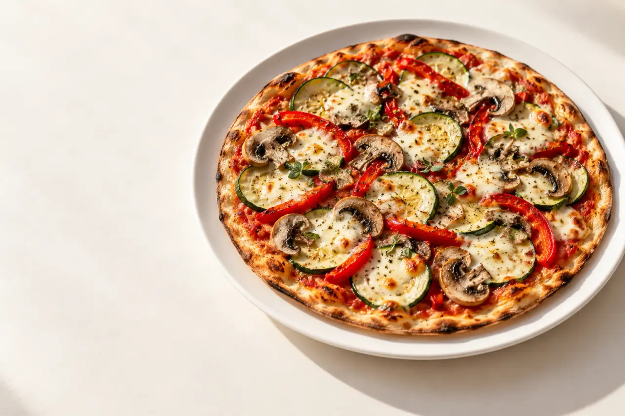 Pizza light aux légumes sur pâte fine, dorée et croustillante